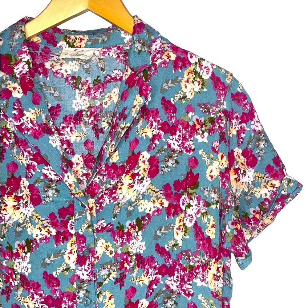 Like New Pins & Needles Floral Mini Shirt Dress Large Pink Teal
